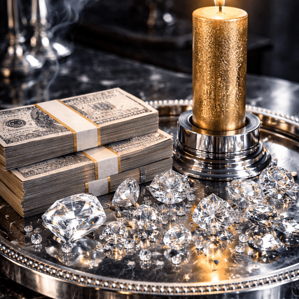 Stack of money, diamonds, and a gold candle on a dark surface