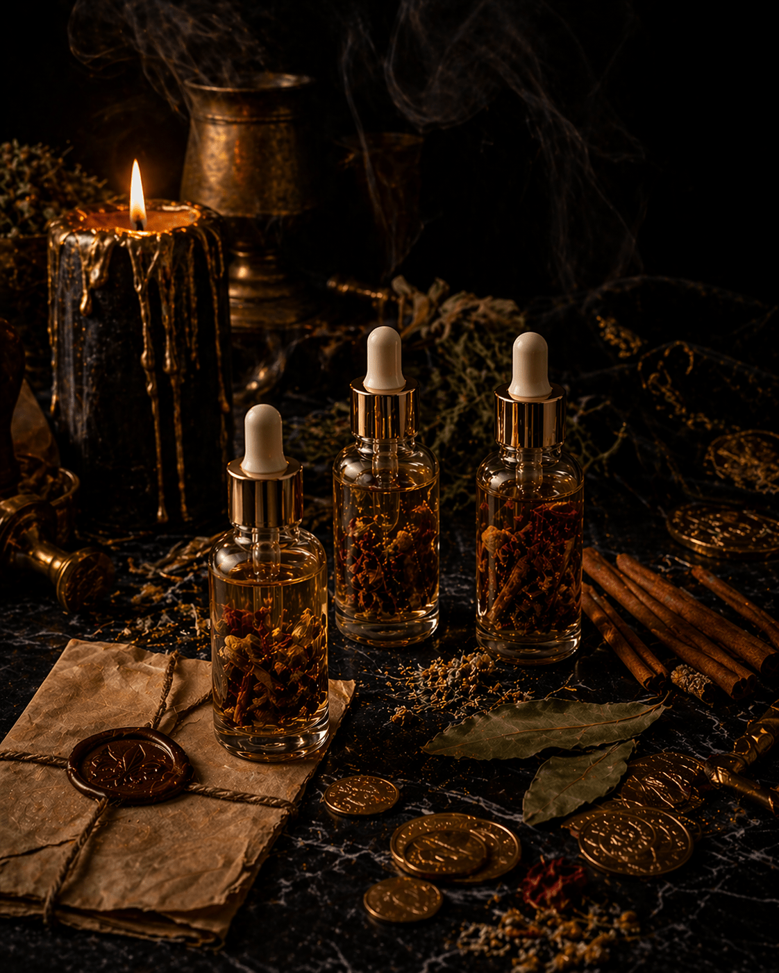 Three dropper bottles with a dark, mystical setting featuring candles and herbs.