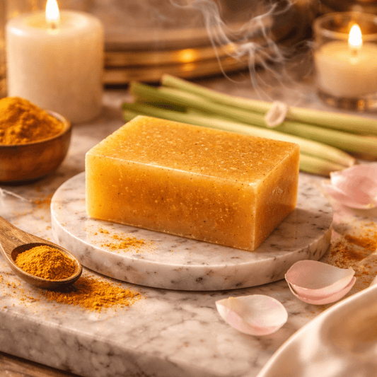 Bar of soap on a marble surface with candles and herbs in the background