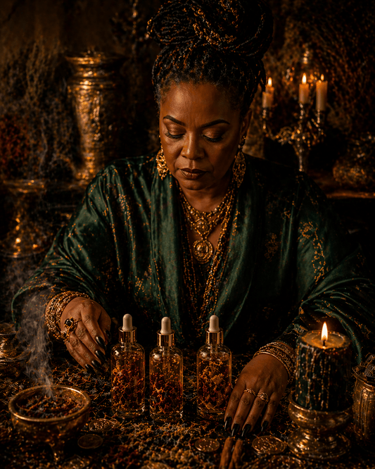 Woman in a green robe with gold accents, surrounded by bottles and candles in a mystical setting.