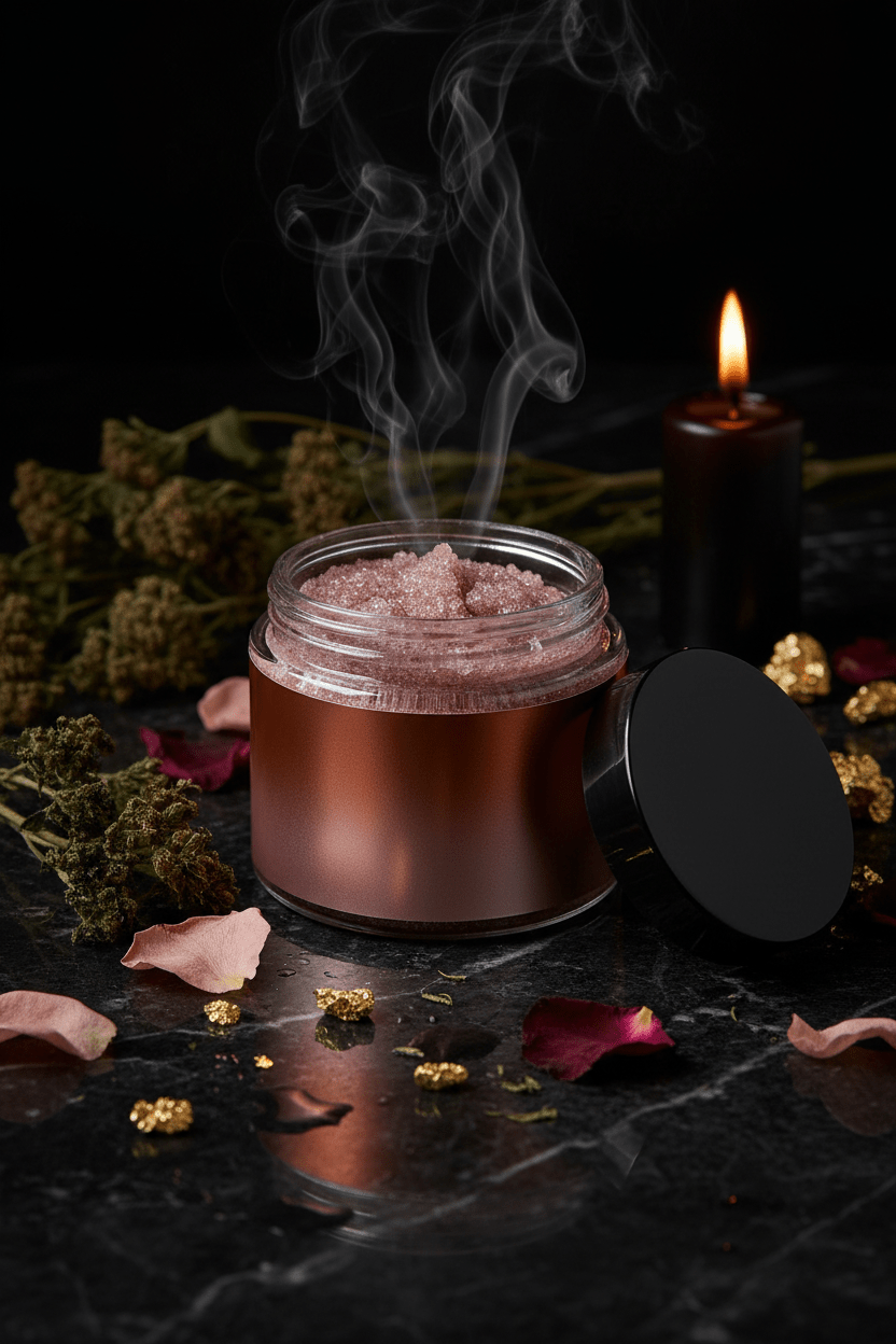 A white jar with a black lid and a copper rose gold gradient label sits open on black marble. 