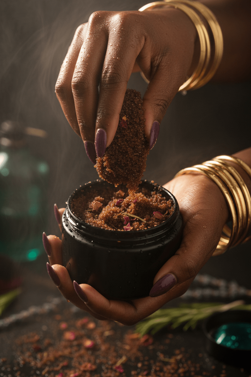 Person holding a small container with dried herbs, wearing gold bangles.
