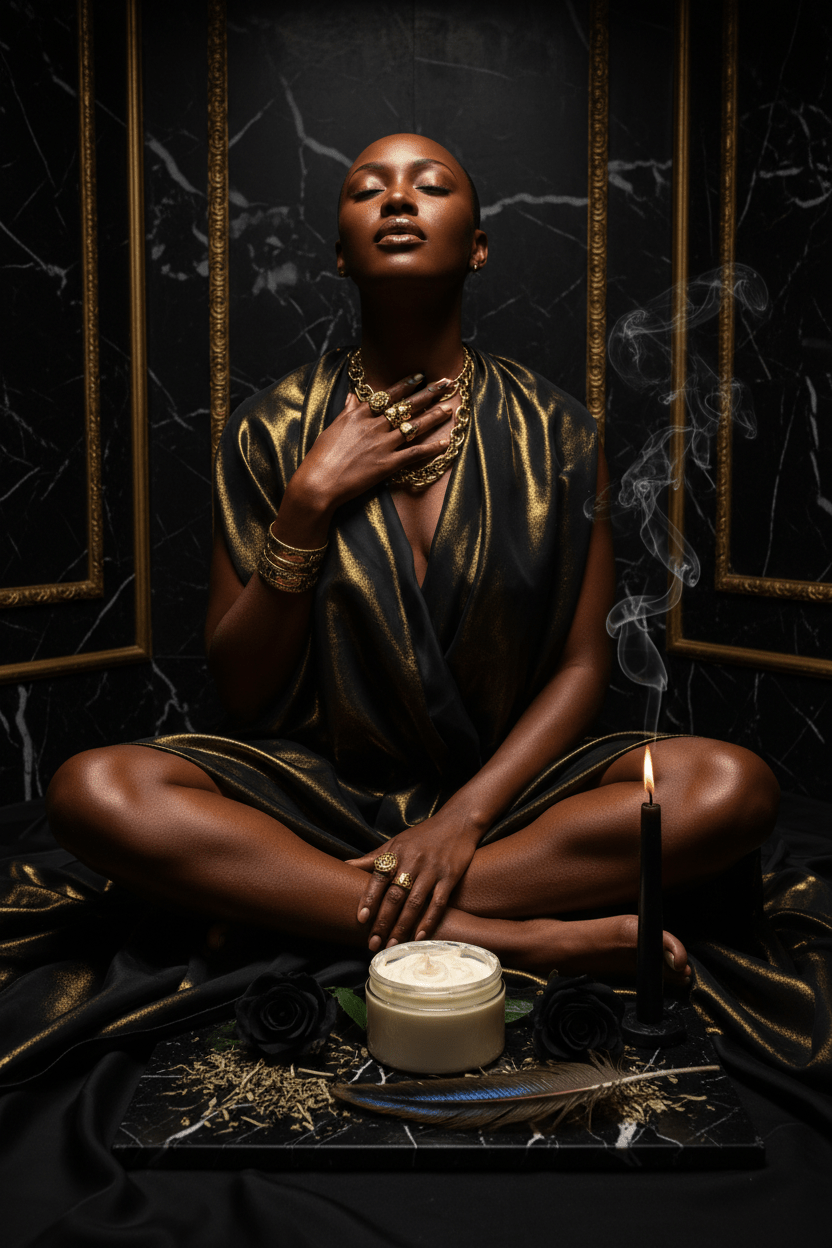Woman in a meditative pose with a candle and container on a dark background