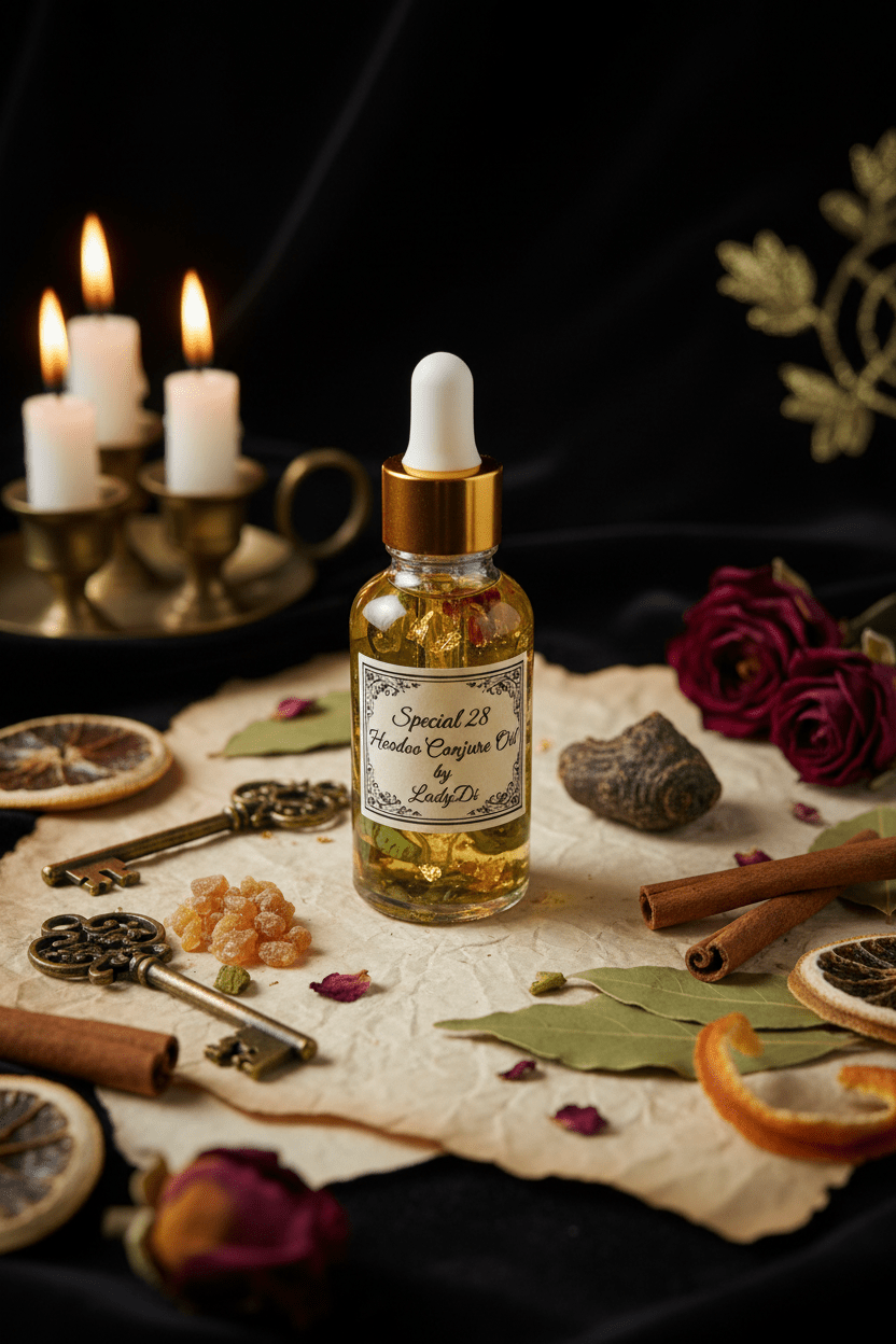 Special 28 Hoodoo Conjure Oil luxury collector bottle displayed with traditional Hoodoo botanicals and gold flakes.