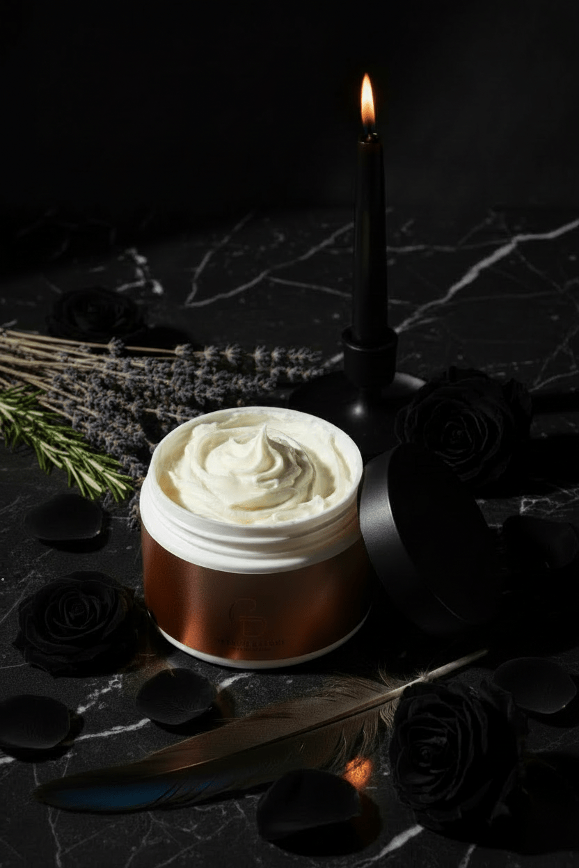 Jar of cream with a lit candle, cotton, and feathers on a dark marble surface
