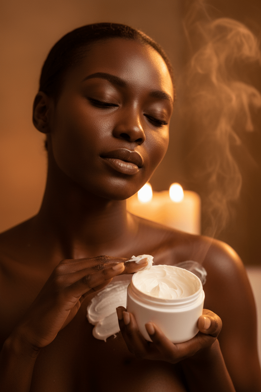 Woman applying cream to her face with a warm, candlelit background