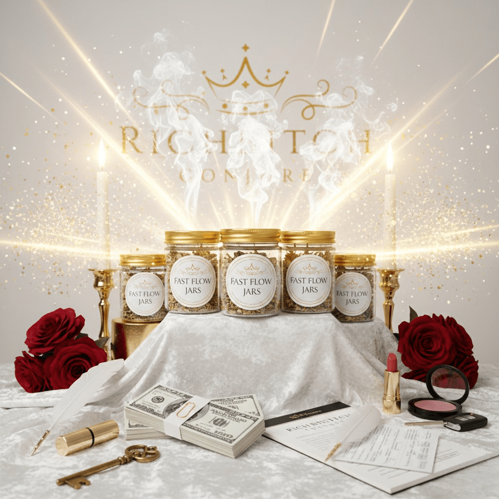 Jars labeled 'Fast Flow Jars' with decorative items on a white surface, featuring the Richitch Confections logo.