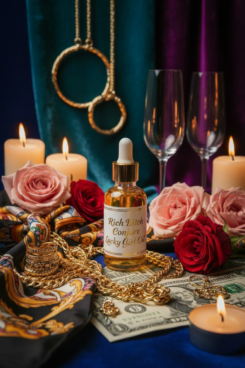 Bottle of Rich Bitch Compote Van Van with candles, roses, and jewelry on a table.