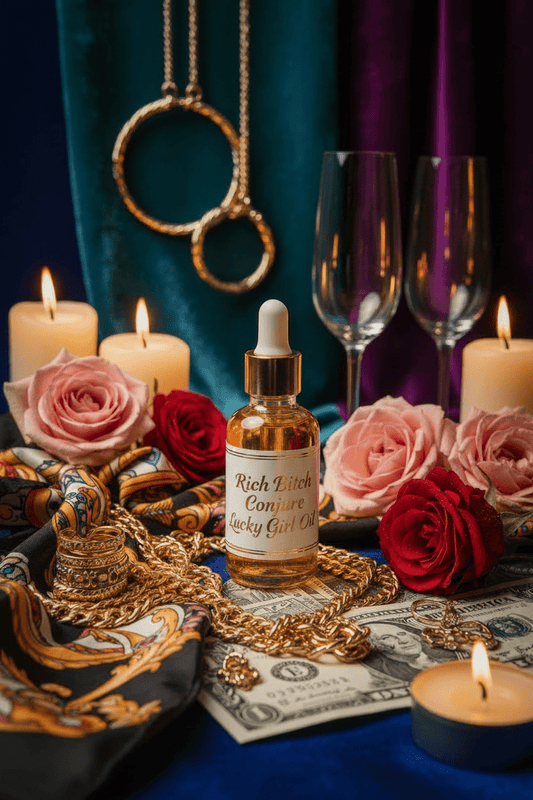 Bottle of Rich Bitch Compote Van Van with candles, roses, and jewelry on a table.