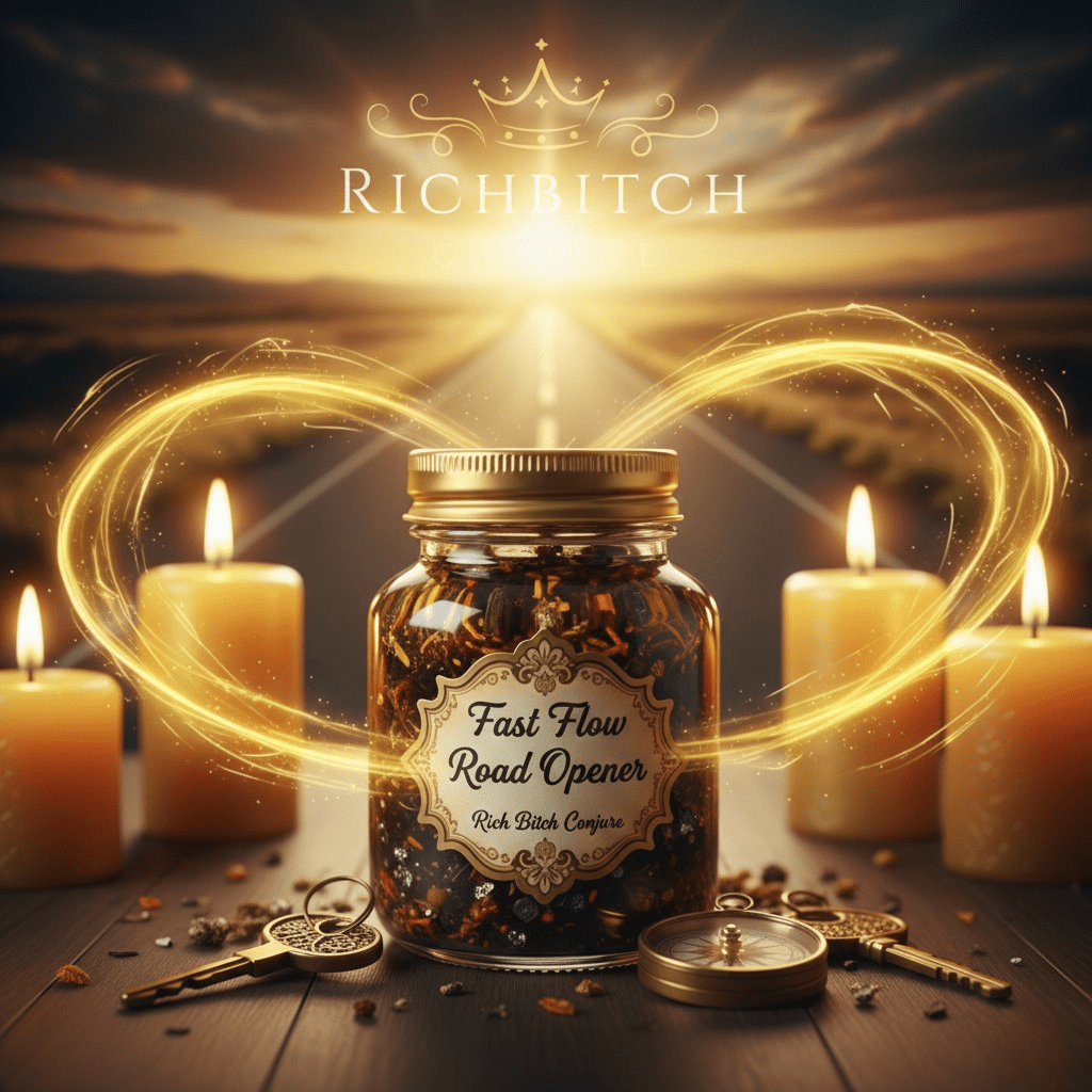 Jar labeled 'Fast Flow Road Opener' with candles and keys on a wooden surface, featuring the brand 'Rich Bitch'.