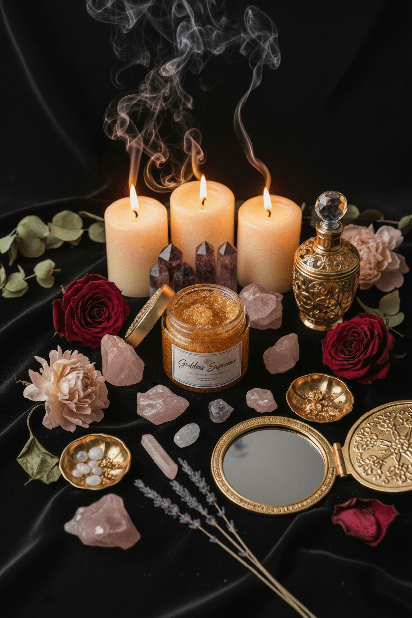 A styled flat-lay of a gold glitter candle jar labeled 'Golden Glow' surrounded by three burning pillar candles, rose petals, crystals, a gold perfume bottle, a compact mirror, and lavender on a black fabric background.