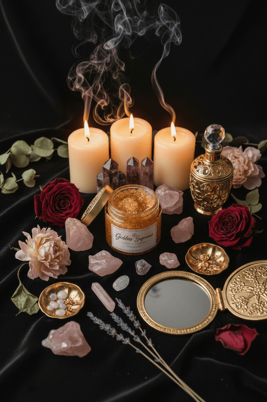 A styled flat-lay of a gold glitter candle jar labeled 'Golden Glow' surrounded by three burning pillar candles, rose petals, crystals, a gold perfume bottle, a compact mirror, and lavender on a black fabric background.