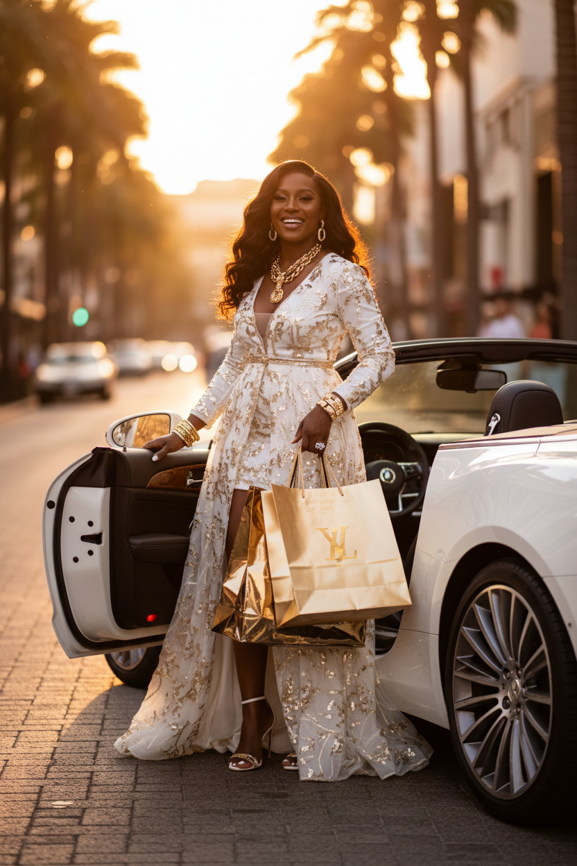 Woman in a white dress with gold accents standing next to a white convertible car on a city street at sunset.