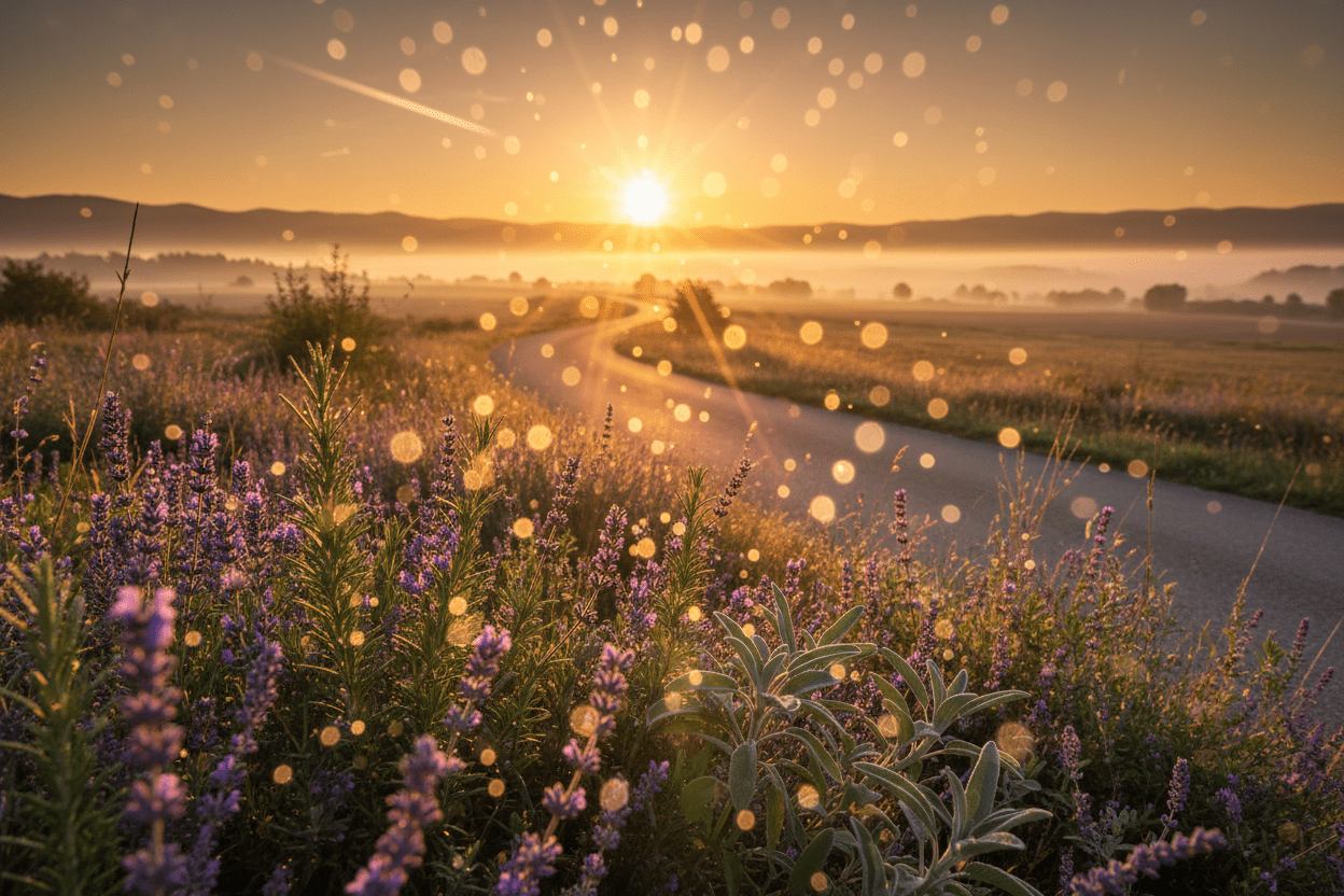 Sunset over a field with lavender and a winding road