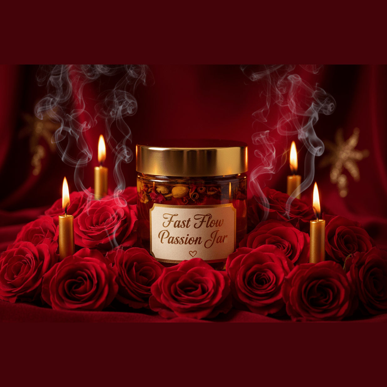 Create a fiery seductive product photo of a 4 oz oil jar with a gold lid filled with hoodoo oil and herbs labeled "Fast Flow Passion Jar." Surround with red roses, deep red lighting, gold candles, and smoky sensual atmosphere. 