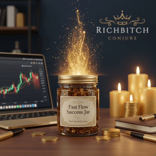 Jar labeled 'Fast Flow Success Jar' with sparkles, laptop, candles, and coins on a desk, featuring Richbitch Conjure branding.