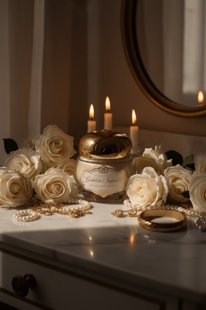 A luxury skincare cream jar with a shiny gold lid and a cream-colored label, styled on a marble vanity table with white roses, lit candles, and gold jewelry.