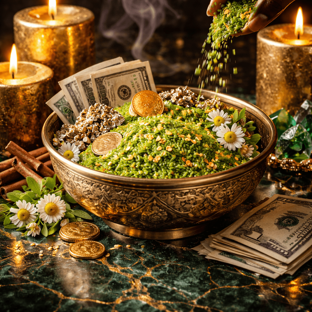 Decorative bowl with greenery, coins, and money on a marble surface with candles and herbs.