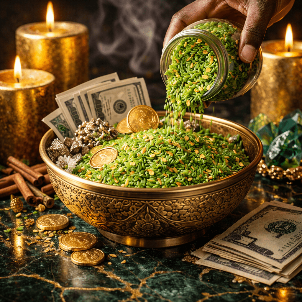 Hand pouring green herbs into a decorative bowl with money and candles in the background