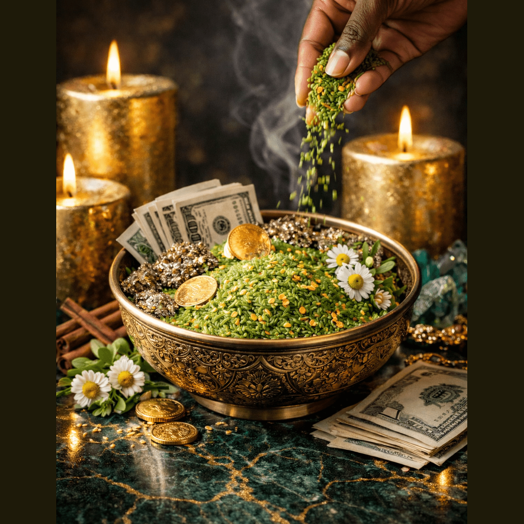 Bowl with green substance, money, and incense on a dark surface with candles