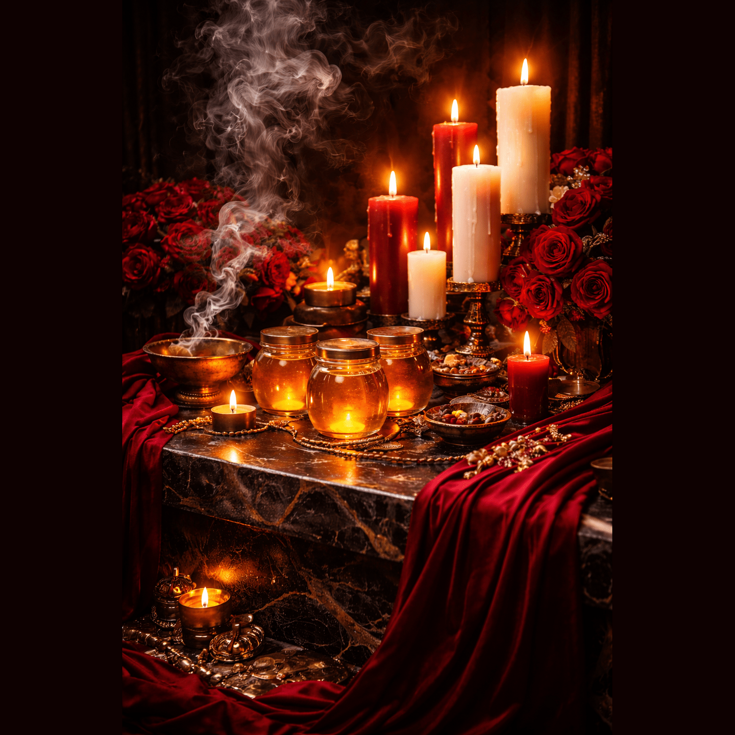 Candlelit altar with various candles and incense on a dark background