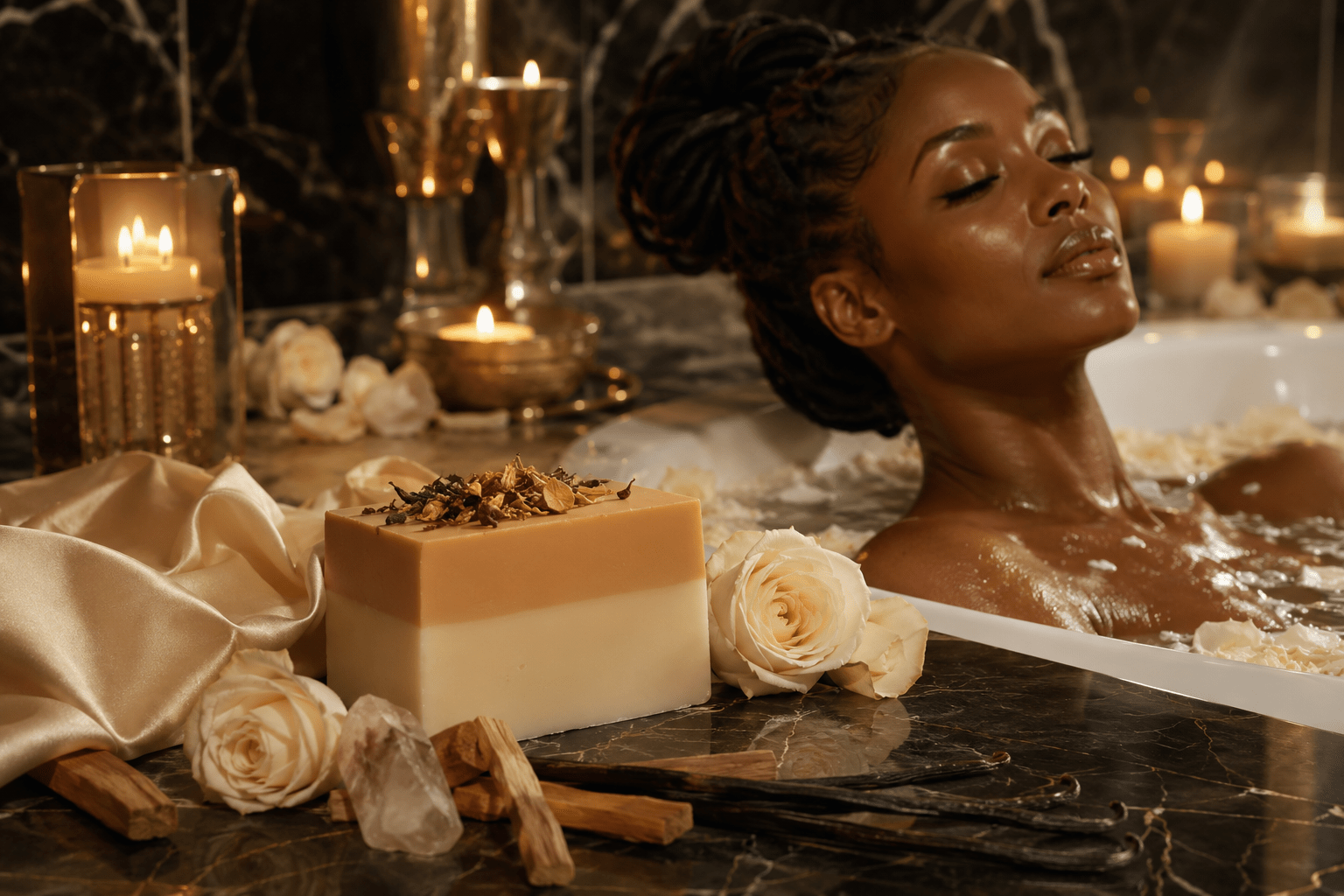 Woman relaxing in a bathtub with candles and flowers on a marble surface