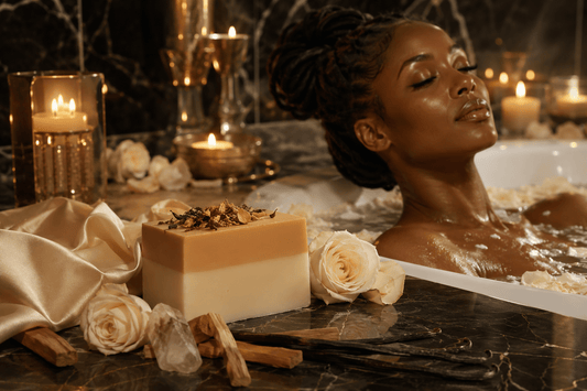Woman relaxing in a bathtub with candles and flowers on a marble surface