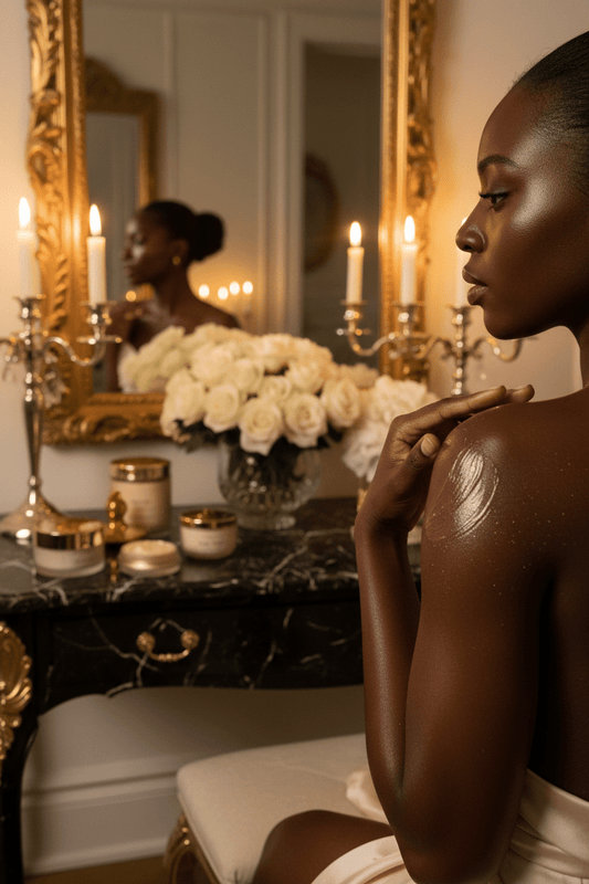 A woman with glossy, moisturized skin sits in profile in a luxurious vanity setting, with a gold mirror, candles, and a bouquet of white roses in the background.