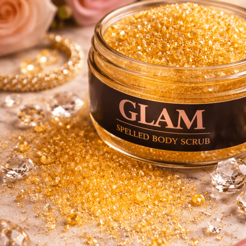 Jar of gold glittery body scrub with 'GLAM' label on a decorative background