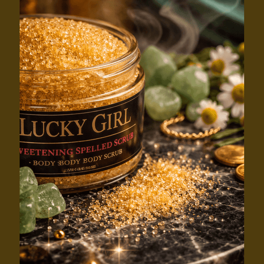 Jar of Lucky Girl sweetening spelled scrub on a dark surface with gold sugar crystals.