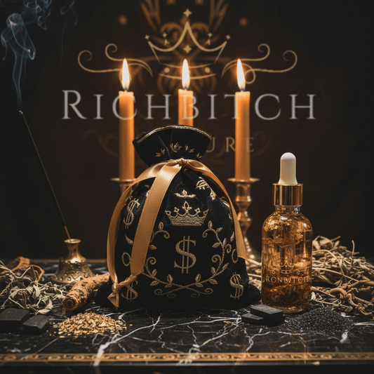 Decorative pouch with dollar signs and a bottle of 'Richbitch' oil on a dark background with candles and incense.