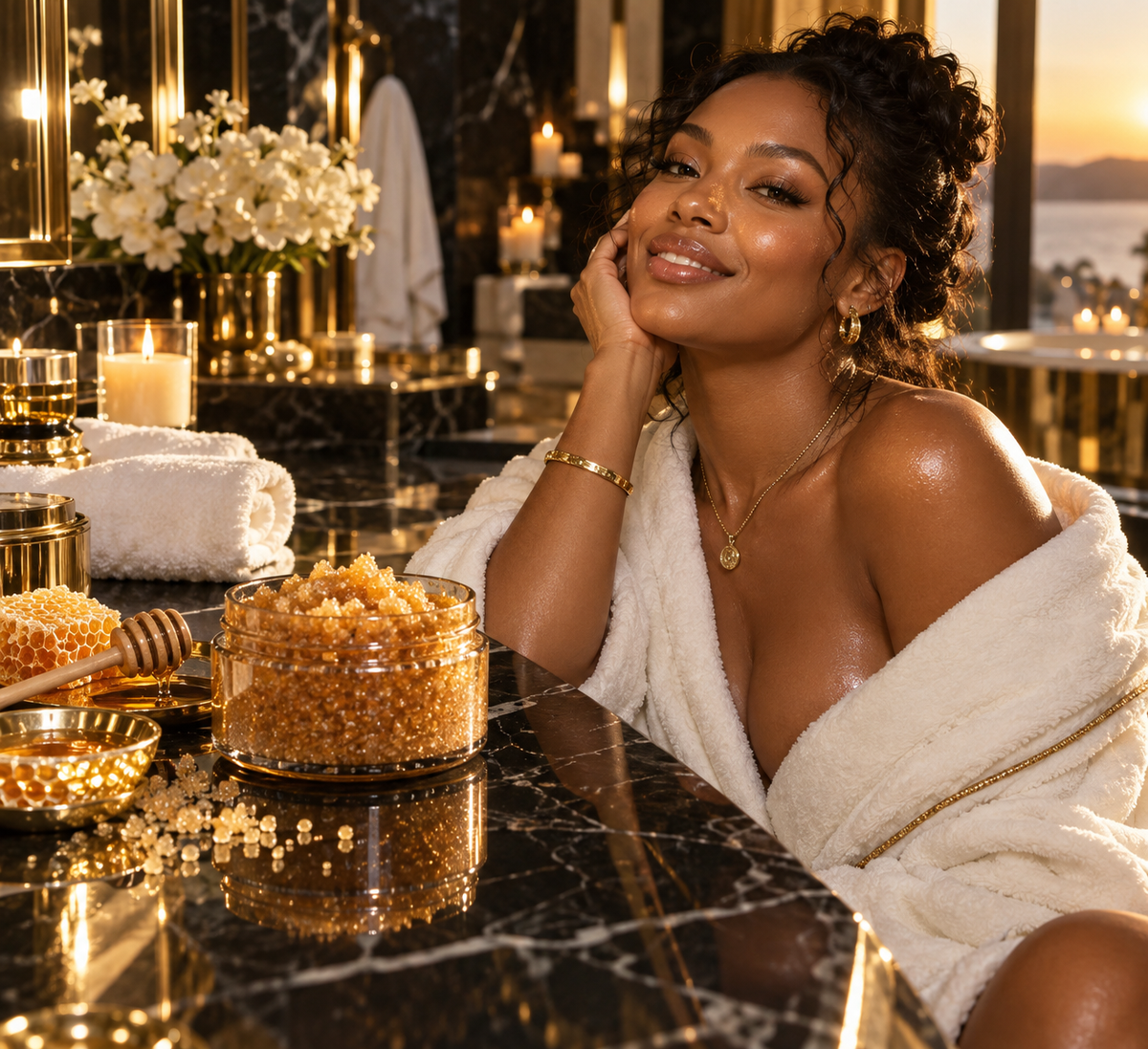 Luxury Honey Luxe Spelled Body Scrub displayed in a glamorous spa setting focused on sweetness and radiant feminine energy.