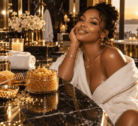 Luxury Honey Luxe Spelled Body Scrub displayed in a glamorous spa setting focused on sweetness and radiant feminine energy.