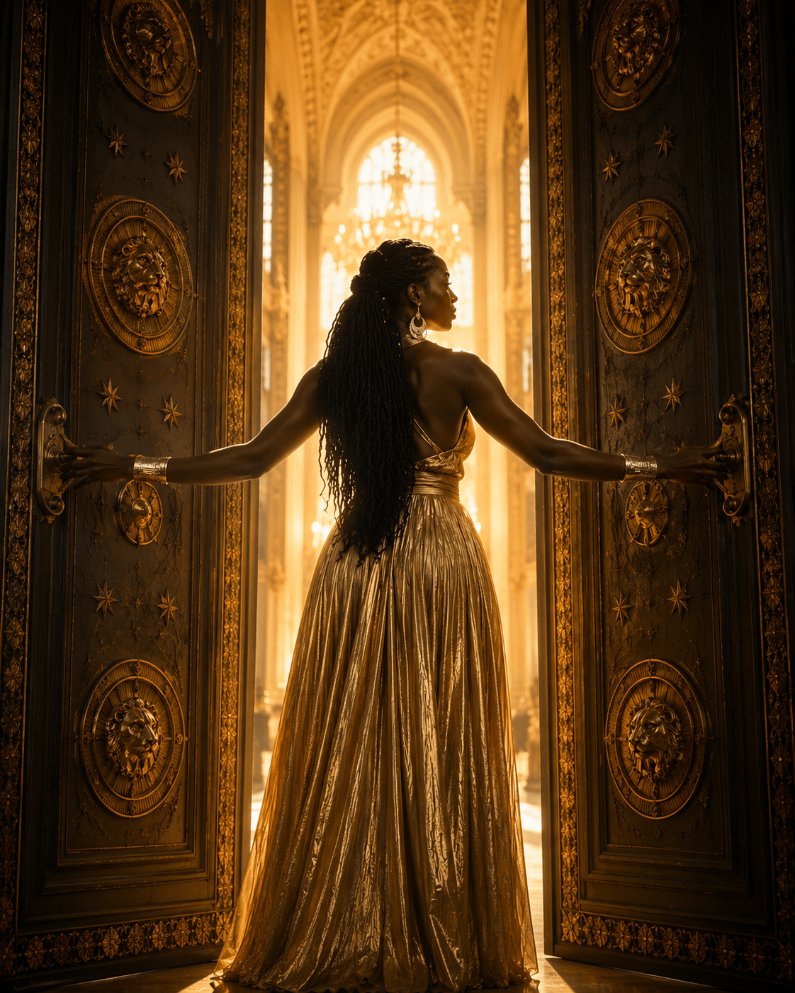 Woman in a long, elegant dress standing in a grand hall with ornate decorations.