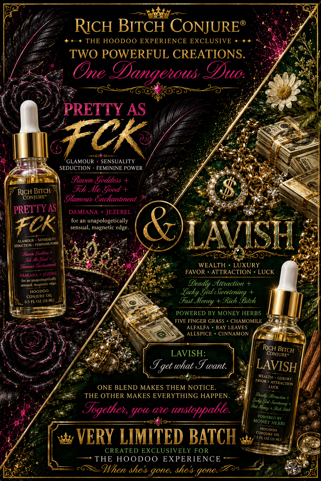 A promotional graphic for Rich Bitch Conjure's 'Pretty As F*ck & Lavish' blend, showing two amber dropper bottles, gold coins, feathers, and ornate gold typography over a dark floral and feather background.