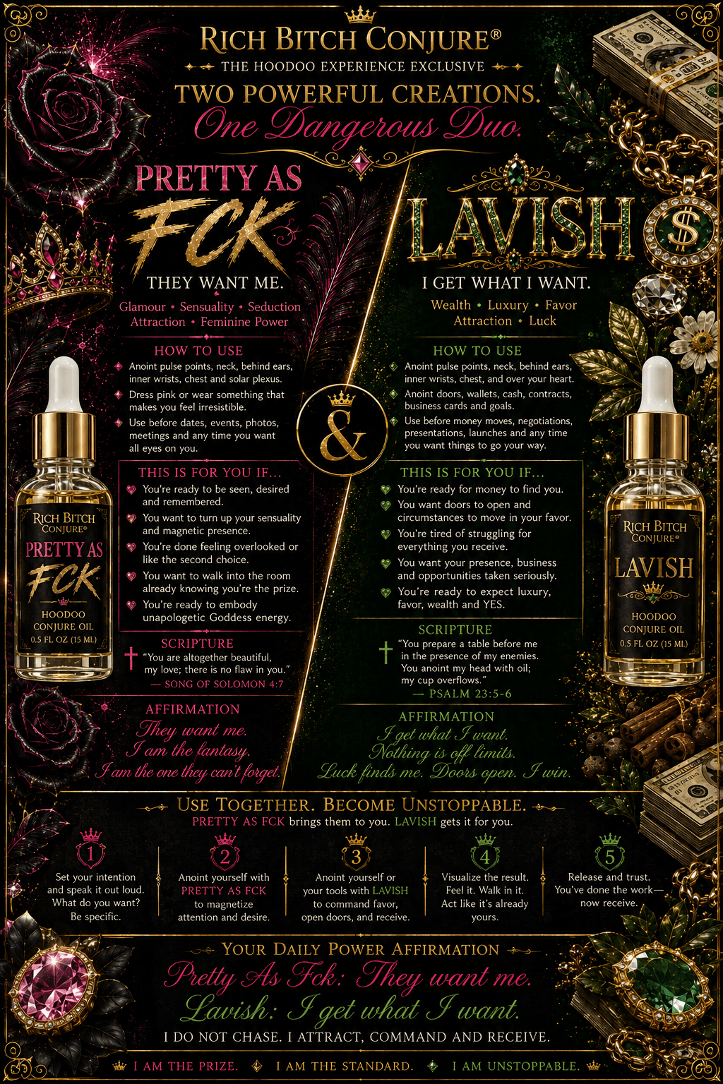 A decorative product poster for Rich Bitch Conjure, featuring two dropper bottles labeled Pretty As F*ck and Lavish & F*ck on a dark ornate background with gold typography, roses, and gem illustrations.