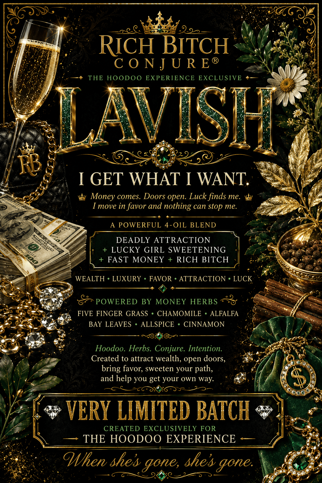 A promotional graphic for 'Rich Bitch Conjure' titled 'Lavish', featuring a luxurious black and gold theme with a champagne flute, a black bag with an 'RB' monogram, a gold teapot, and various decorative elements. The text advertises a limited 4-ohl blend and states 'When she's gone, she's gone.