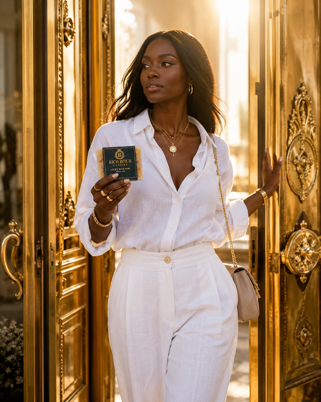 Woman in a white outfit holding a product in front of ornate gold doors.