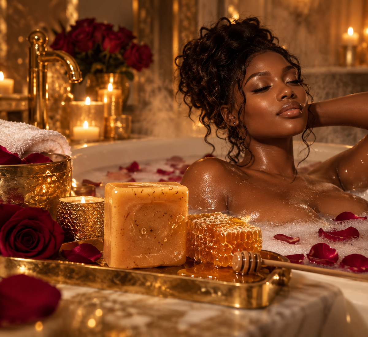 A woman relaxes in a bubble bath with rose petals, surrounded by candles, red roses, and a golden tray holding a bar of honey-colored soap and a honeycomb piece in a luxurious spa-like setting.
