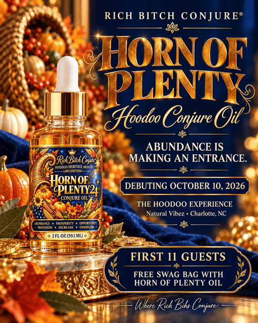 Promotional graphic for Rich Bitch Conjure's 'Horn of Plenty' Hoodoo Conjure Oil, showing a glass dropper bottle filled with amber oil, surrounded by autumn props like pumpkins, leaves, and a blue fabric backdrop. Large gold and white text overlays announce the product and debut details.