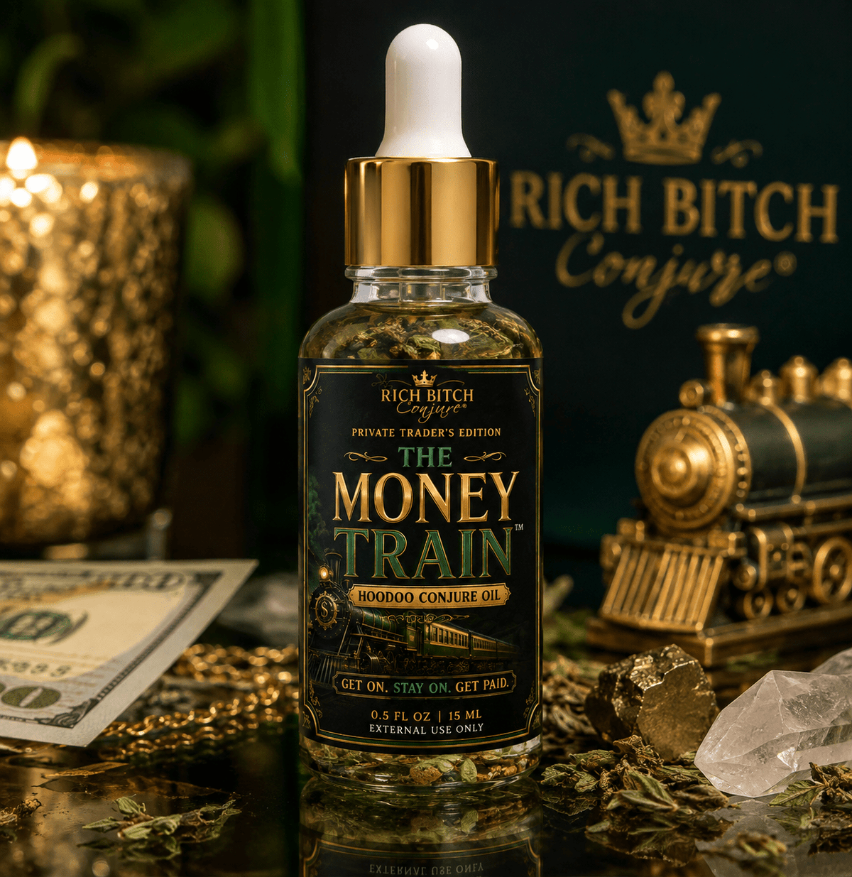 The Money Train™ Hoodoo Conjure Oil with a luxury train representing money movement, favor, financial momentum and opportunity.