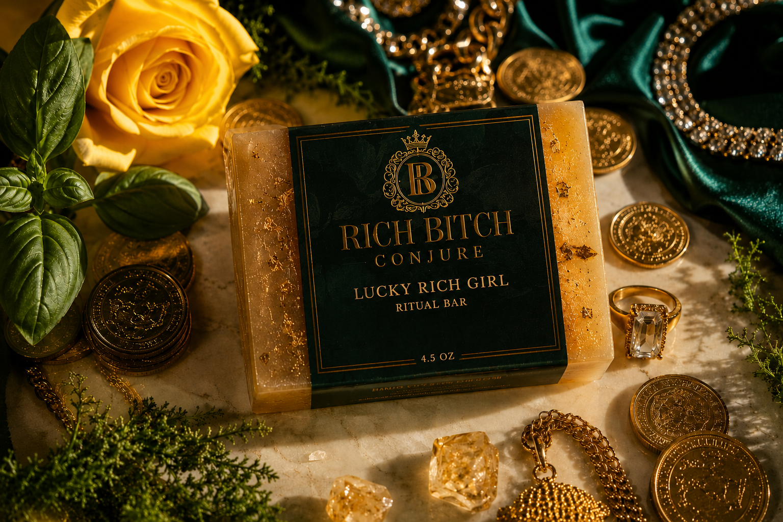 Soap bar with 'Rich Bitch Conjure Lucky Rich Girl' packaging surrounded by gold coins, a yellow rose, and green leaves.