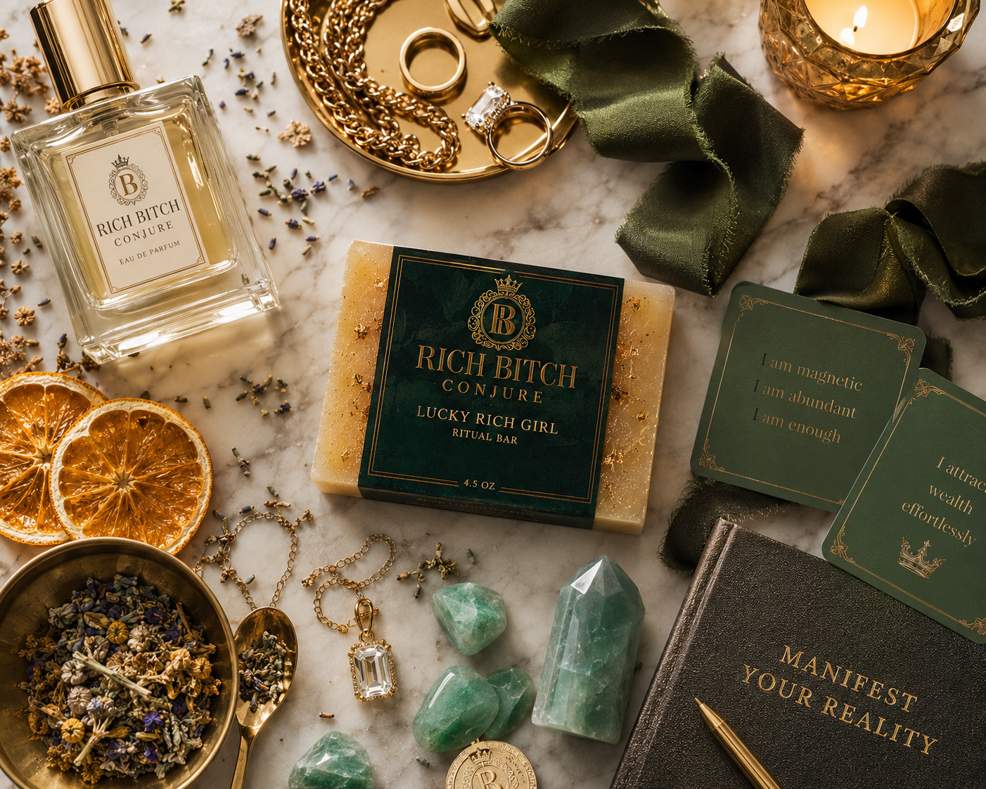Glamorous items including a perfume bottle, soap bar, crystals, and a book on a marble surface.
