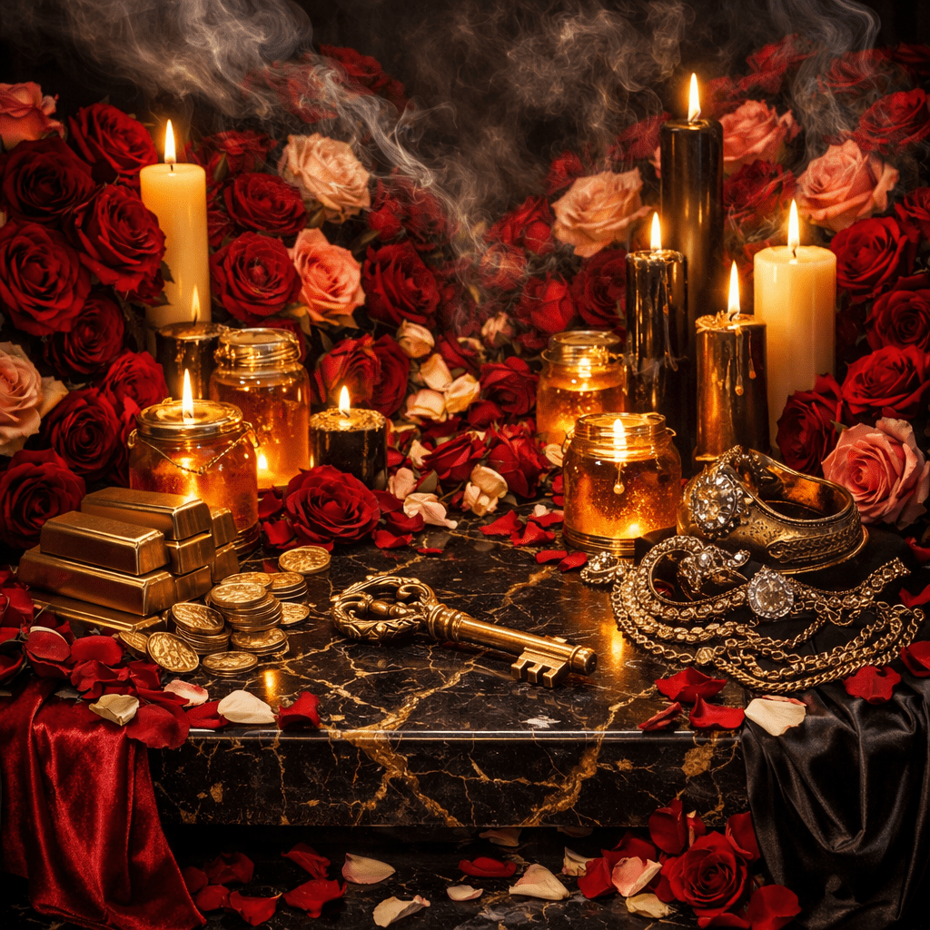 Mystical scene with candles, roses, gold bars, and a key on a dark surface.