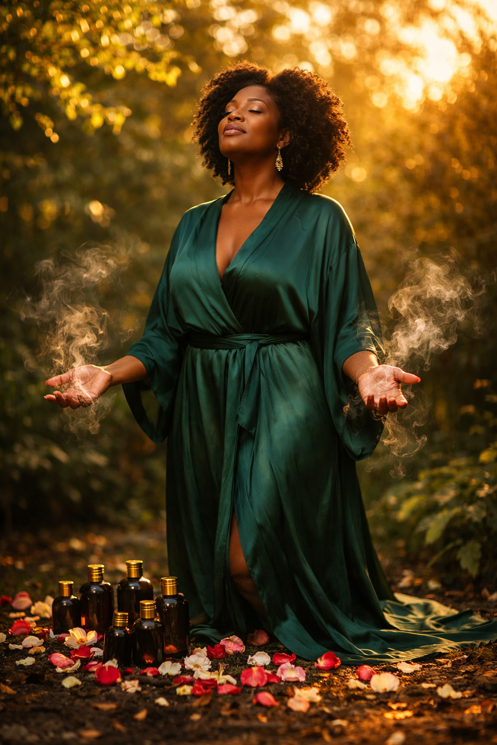 Woman in a green dress standing in a forest with bottles and flowers on the ground.