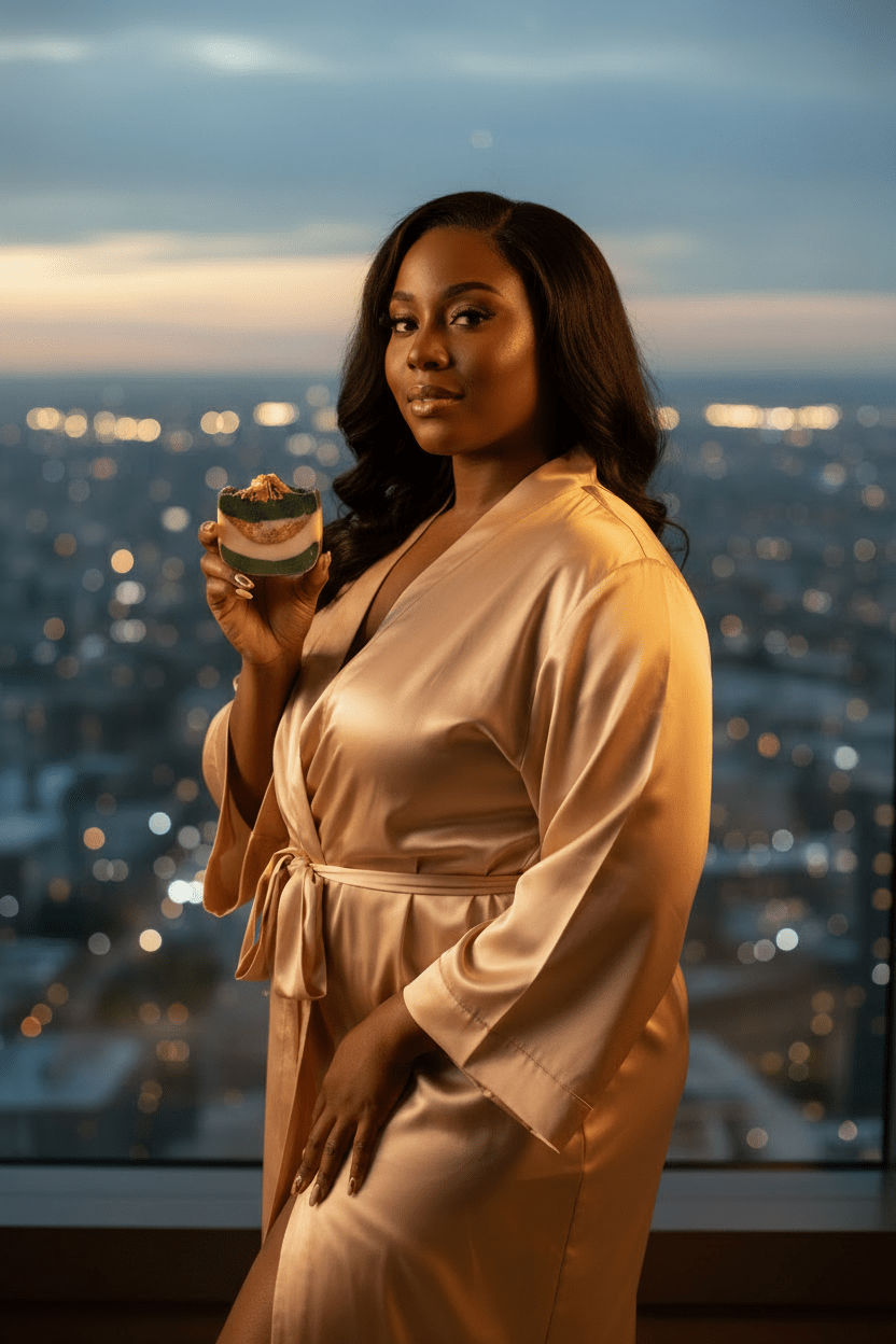 Woman in a beige robe holding a round object with a cityscape in the background