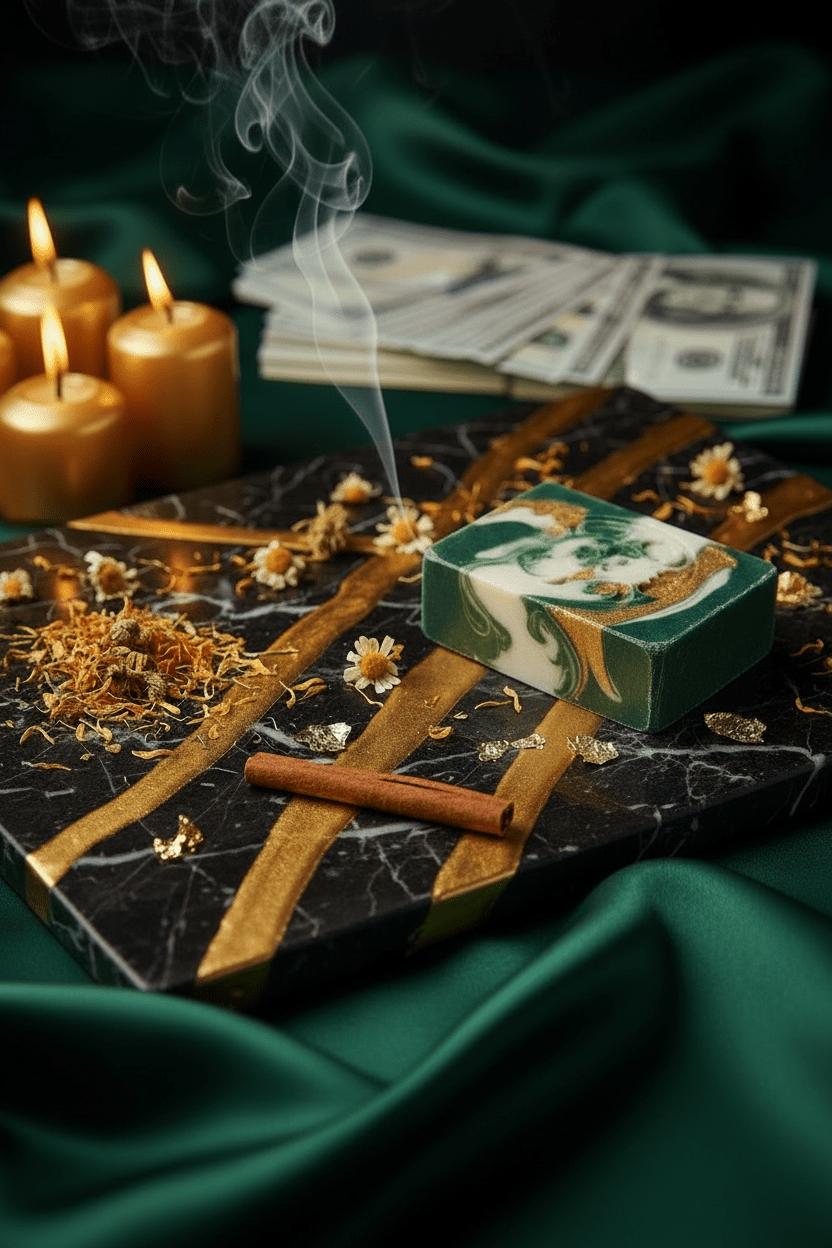 Luxury handmade Fast Luck Ritual Bar displayed on black marble with gold accents, herbs, candlelight, and abundance imagery symbolizing prosperity and lucky breakthroughs.