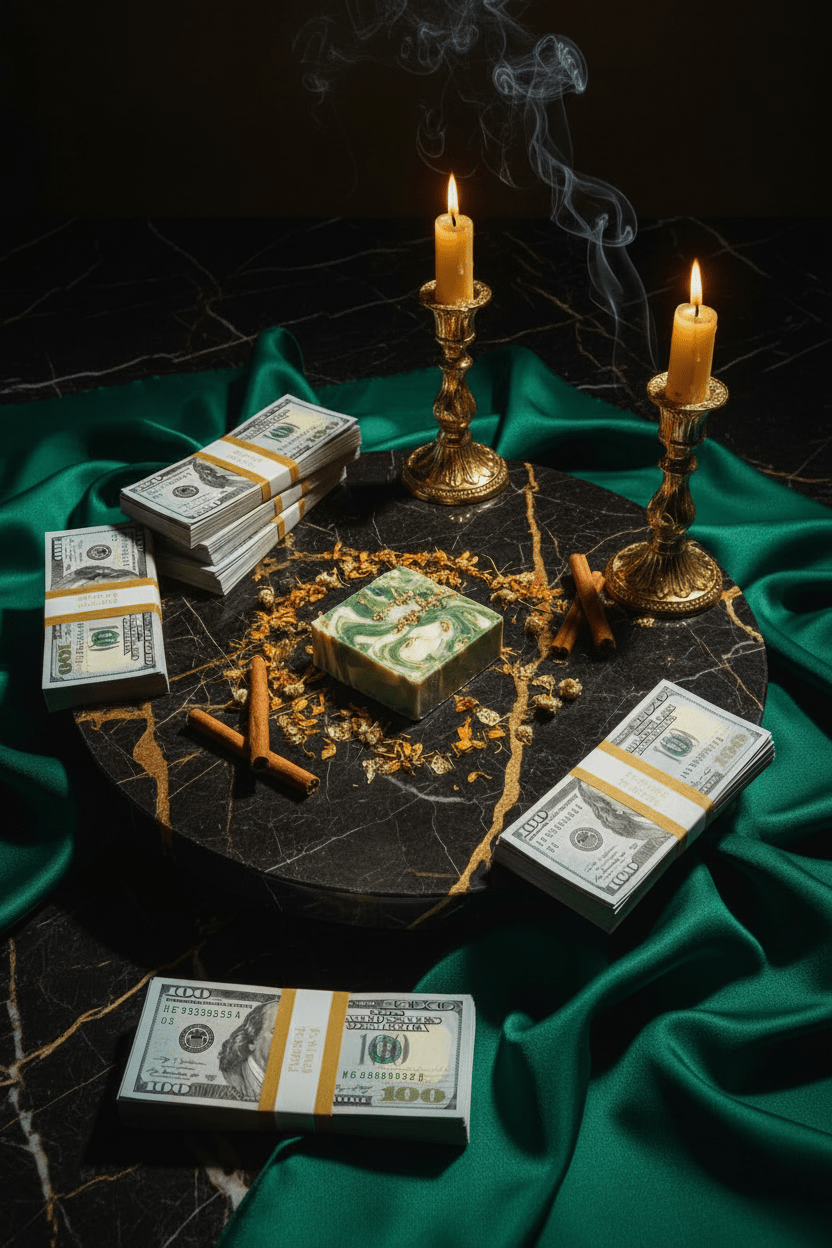 Money, candles, and green crystal on a dark surface with green cloth