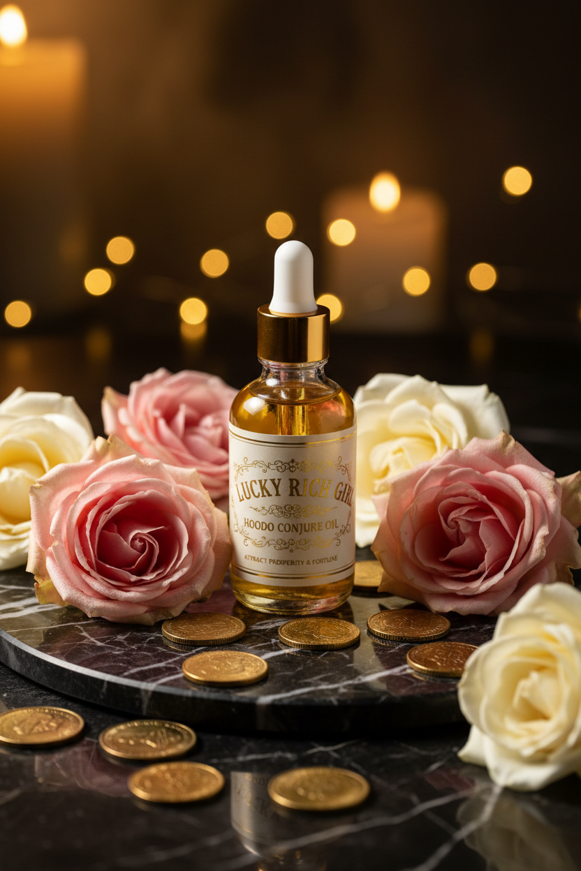 Bottle of Lucky Rose Gold complexion oil with roses and coins on a dark surface