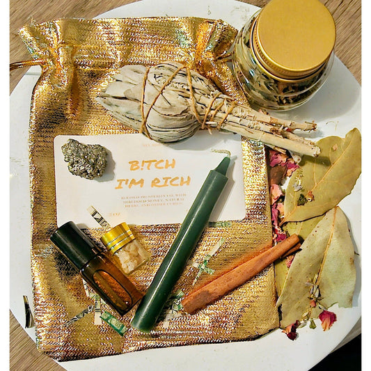 Money Spell Kit, DIY Money Drawing Kit, Rich Bitch Anointing Oil with Shredded Money, Green Candle, Hoodoo for Beginners, Pyrite, Sage
